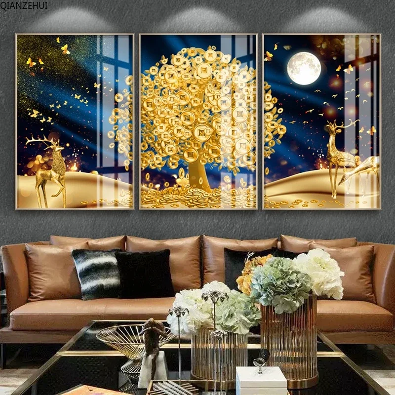 

DIY full Diamond Embroidery,Round Diamond Triptych, gold, earthen, elk Living room decoration rhinestone beads Diamond painting