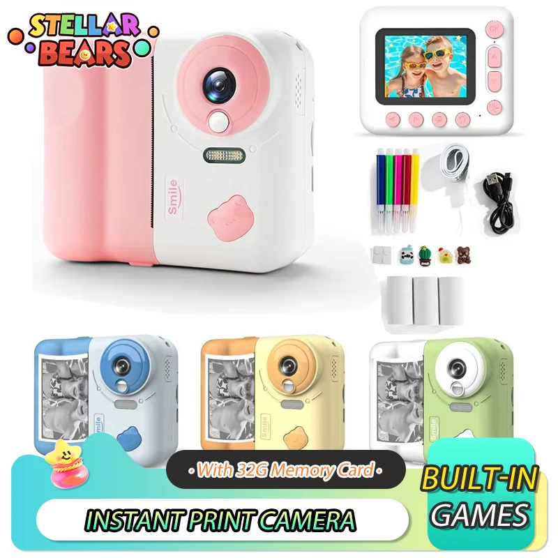 Instant Print Camera Children's Toy Photo Video Digital Camera Thermal Printing Camera with 32G Memory Card 3 Rolls Print Paper