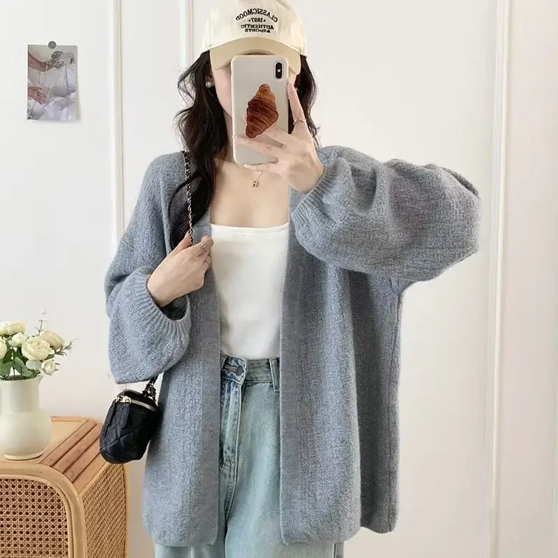 

Spring Solid Color Medium and Long Knitted Cardigan Lazy Wind Sweet Versatile Sweater Jacket Women