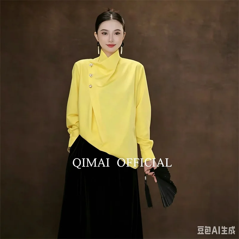 New Fashion Yellow Chic Unique Beautiful Luxury Shirt Senior Sense Blouse Age-reducing Design Sense Niche Loose Pullover Shirt