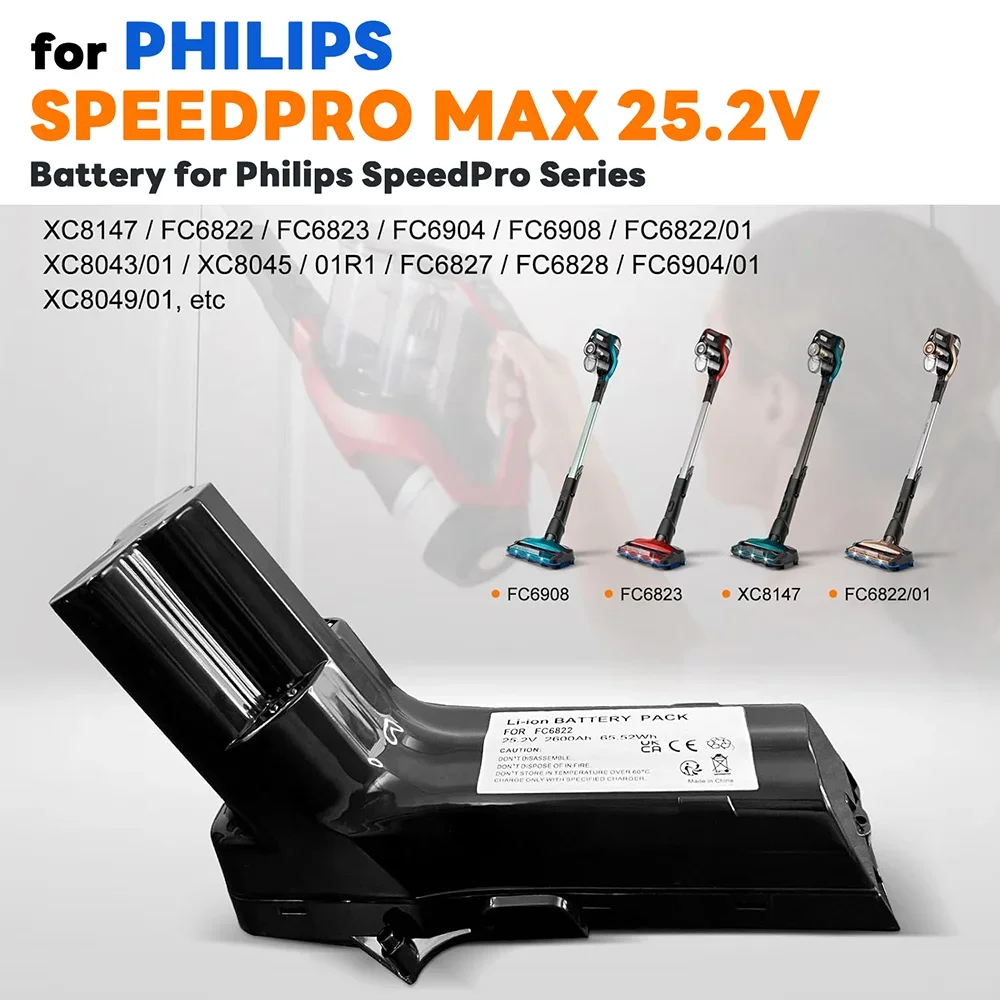 25.2V Battery 6.8Ah for Philips Vacuum Cleaner SpeedPro Max Aqua SpeedPro Max Stick XC8147 FC6822 FC6823 FC6904 FC6908 FC6822/01