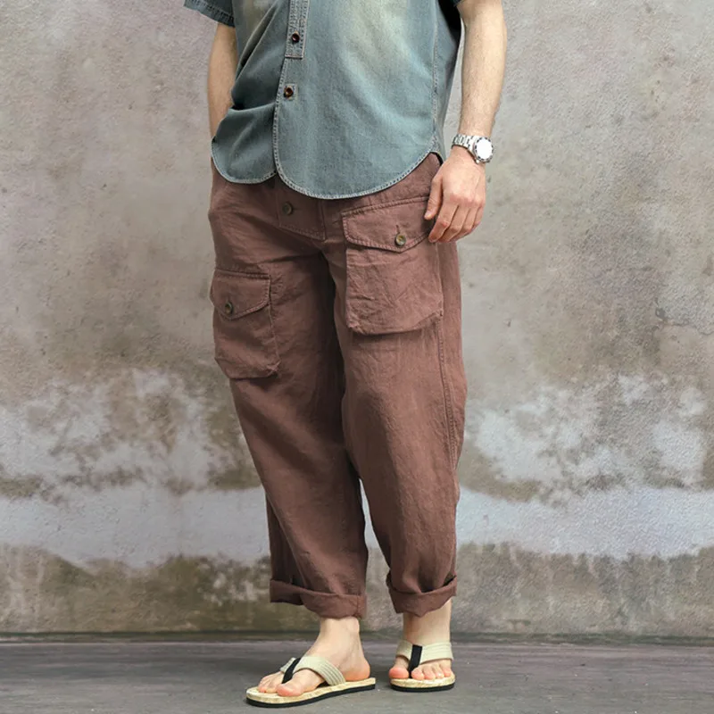 HKSH Spring Autumn Summer New Men Tide Hemp Loose Washed Wide-Leg Cargo Pants Elastic Waist Vintage Chic Ins Luxury Y2K HK26267