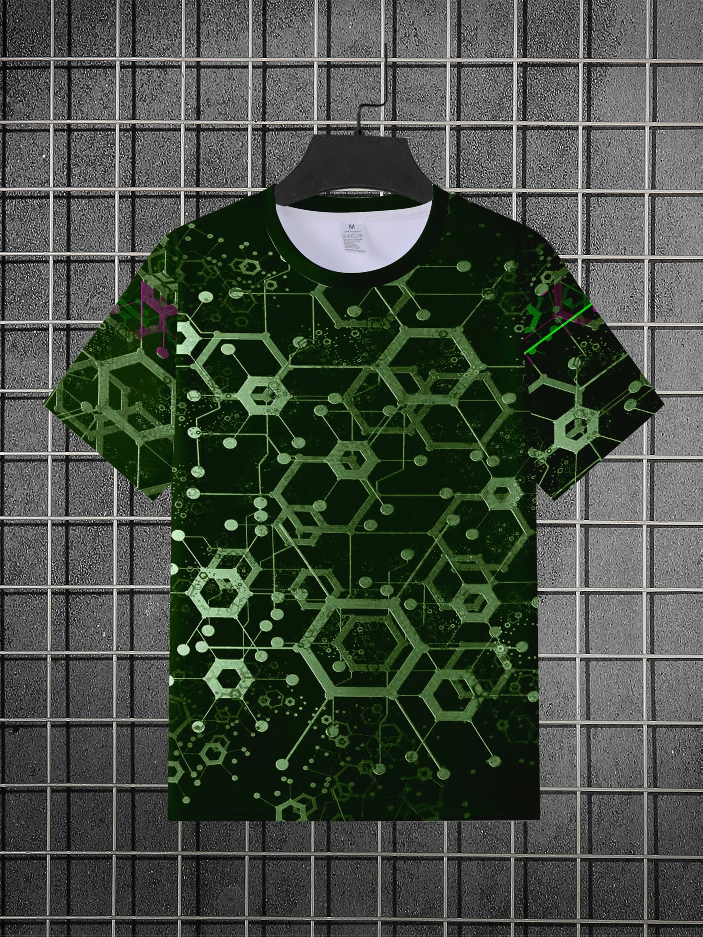 Men Dark Green Hexagon Circuit Tech Print Tee O Neck Short Sleeve Casual Top