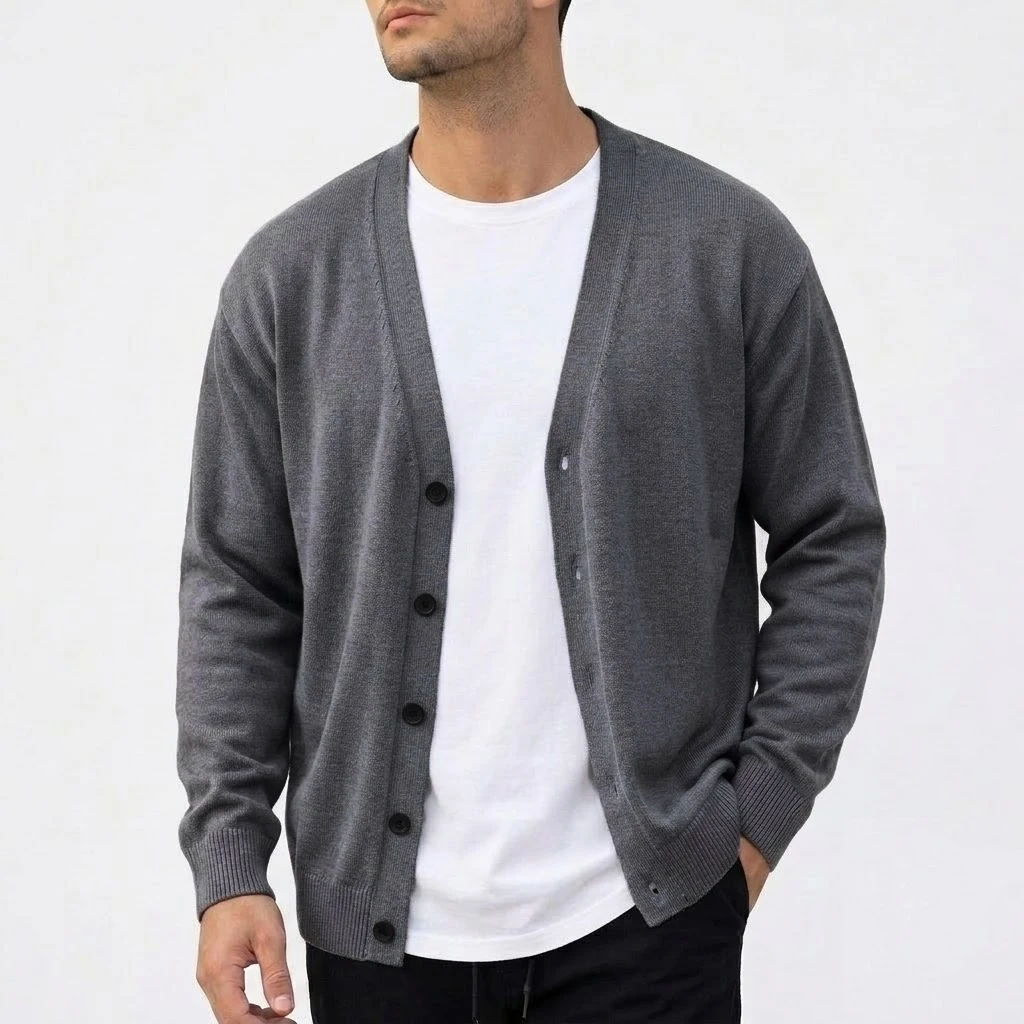 Outdoor-Herren-Strickjacke mit V-Ausschnitt, langen Ärmeln, einfarbig, lässige Sportbekleidung, geknöpfter Strickmantel. – Detail 10