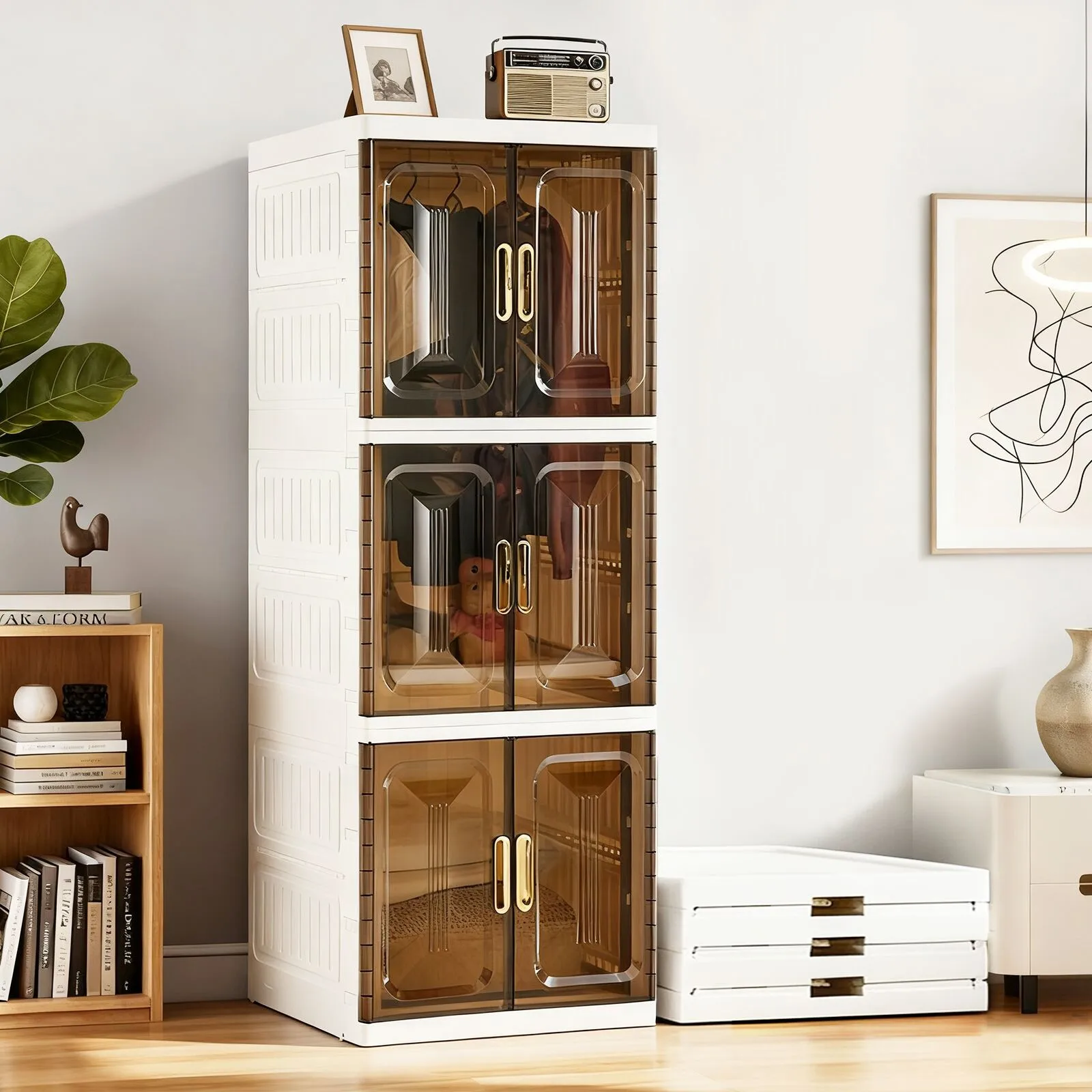 

3 Layer Portable Wardrobe Closet Folding Clothes Cabinet Armoire with Wheels