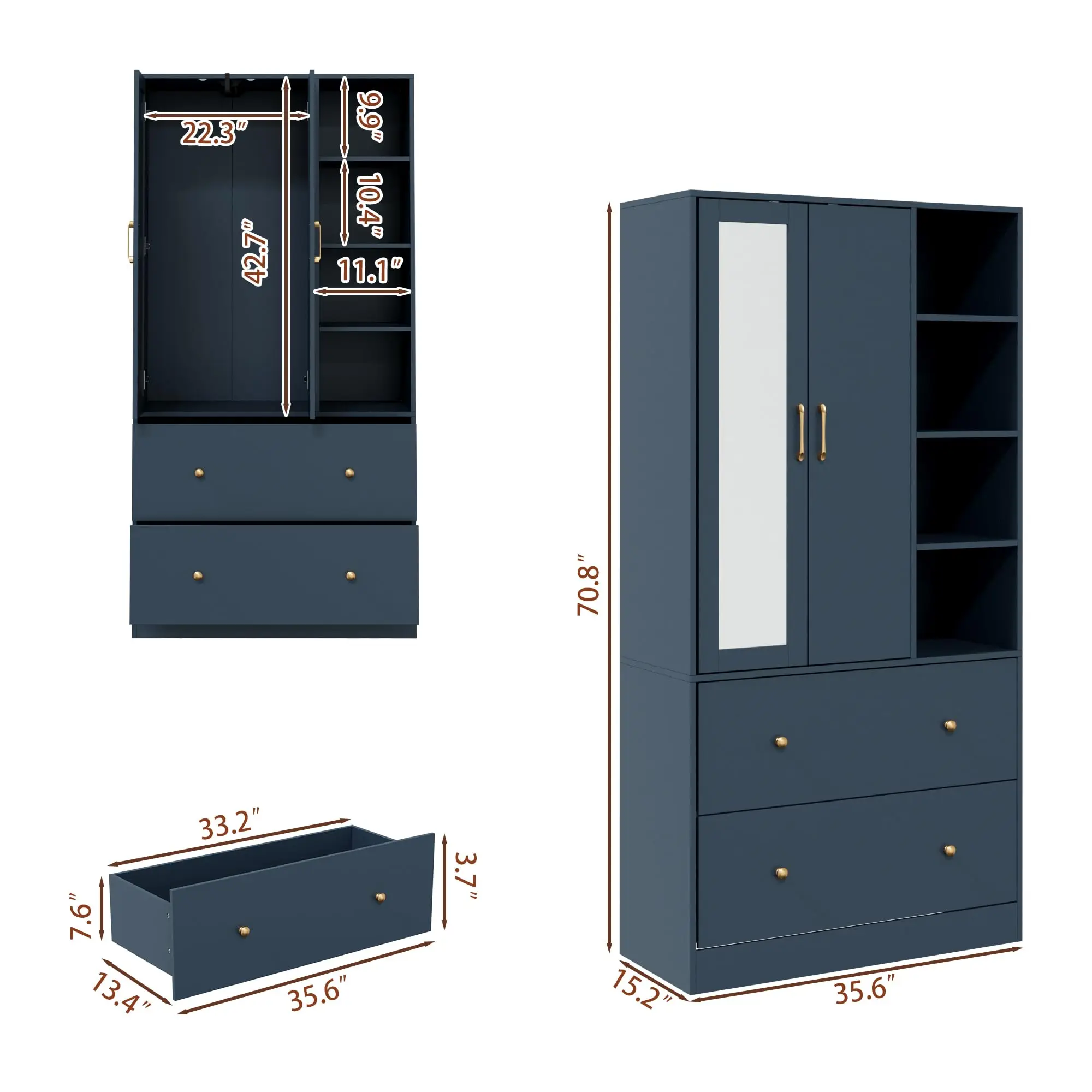 Tall Navy Blue Closet Storage Cabinet with Doors and Open Shelves, Almirah for Clothes, Standing Wardrobe Storage