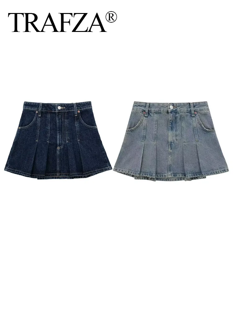 

TRAFZA 2023 Female Fashion Tighten Waist Pleated Denim Skirt Women Chic Buttons Vintage Ruffles Skirts Denim Mini Skirts Y2k