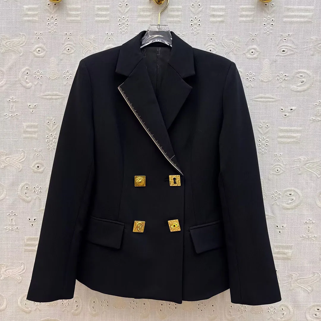 

New Autumn Elegant Lady Office Black Blazer Jacket Women Gold Thread Embroidery Notched Long Sleeve Metal Buttons Vintage Suit