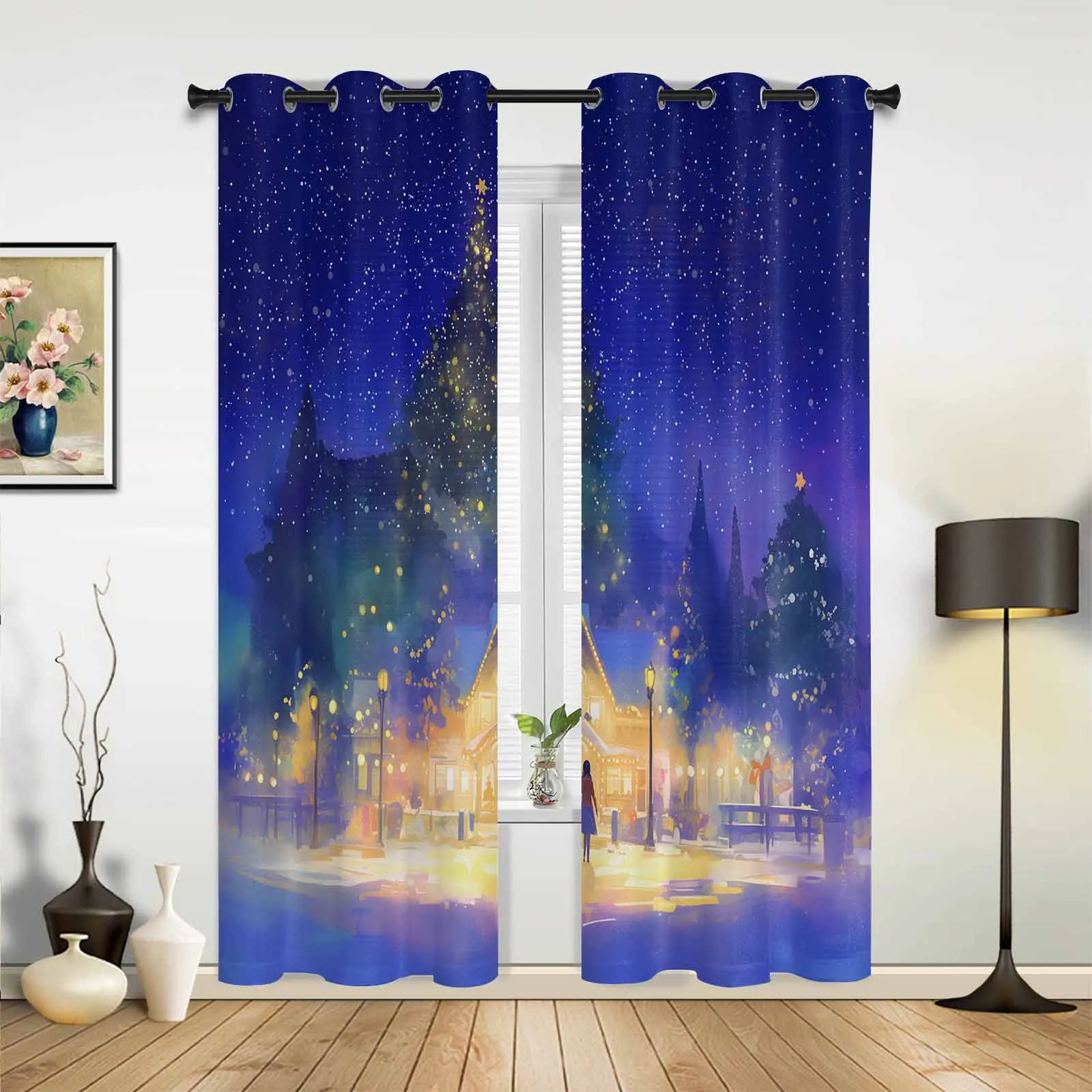 Christmas Street View Night View Winter Windows Curtains Living Room Luxury Decor Xmas Curtain Bedroom Kitchen Window Drapes