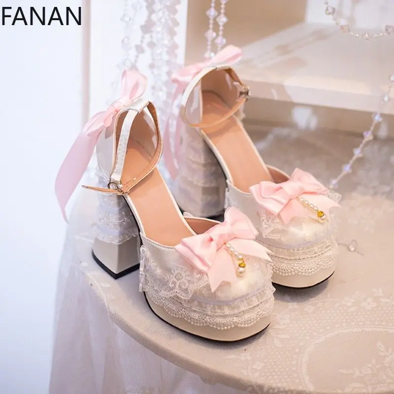 12Cm Lolita High Heels Pumps Shoes Y2k Goth Thick Soles Square Satin Ball Heels Elegant Princess Platform Waterproof Shoes