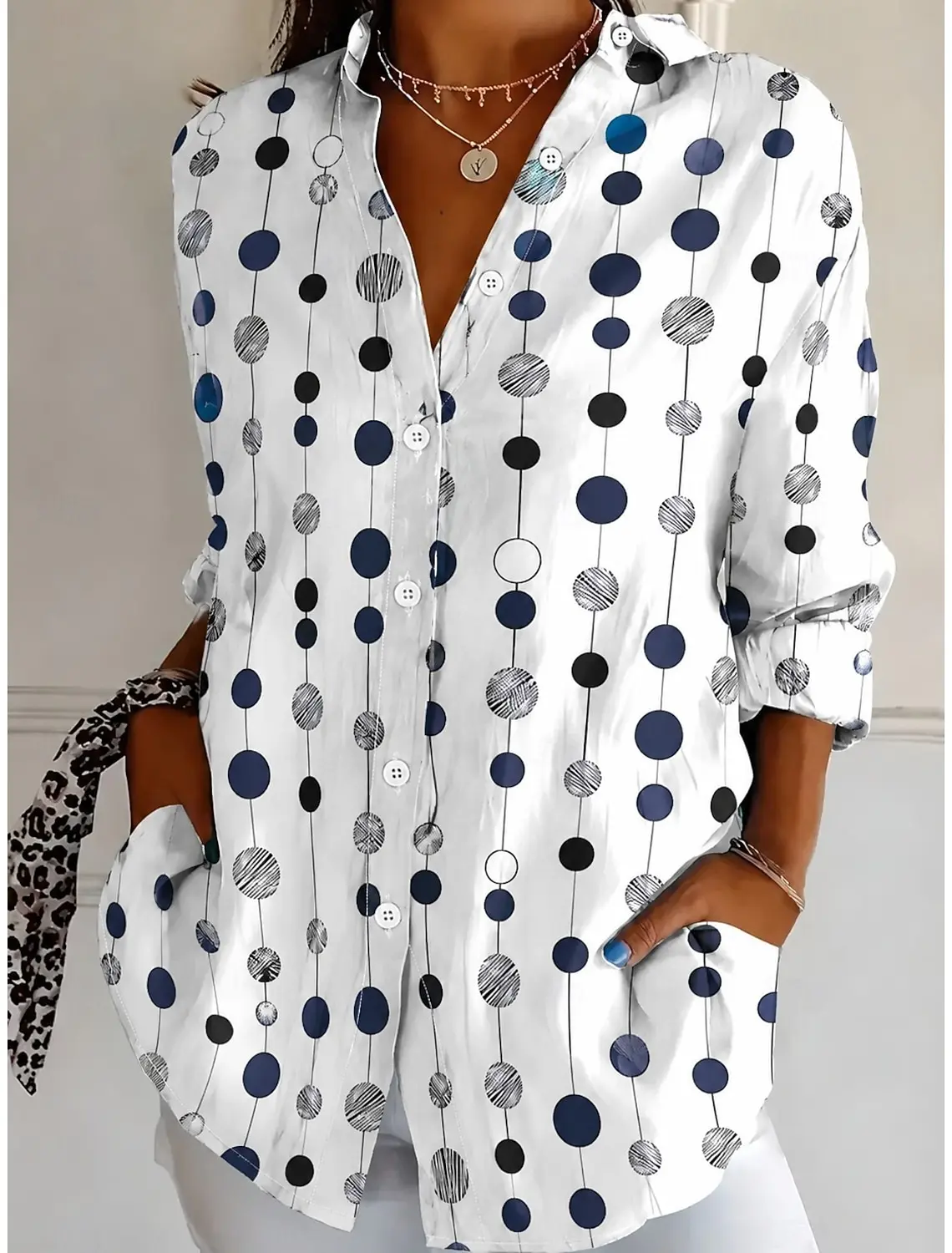 Women's Spring Summer 3D Printed Collar Button Down Blouse, White Vertical Line Blue Black Dot Minimal Business Casual Shirt