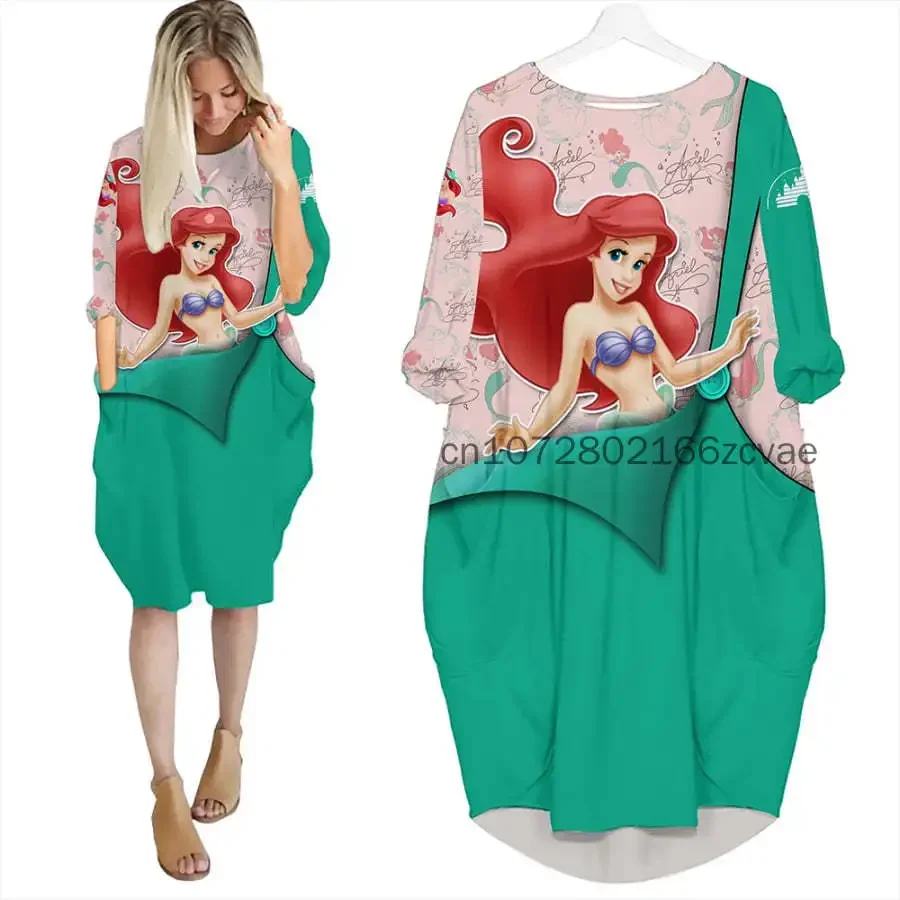 Disney Princess Ariel Women's Batwing Pocket Dress Summer 3D Print Oversize Fashion Street Dress Long sleeved Nightgown