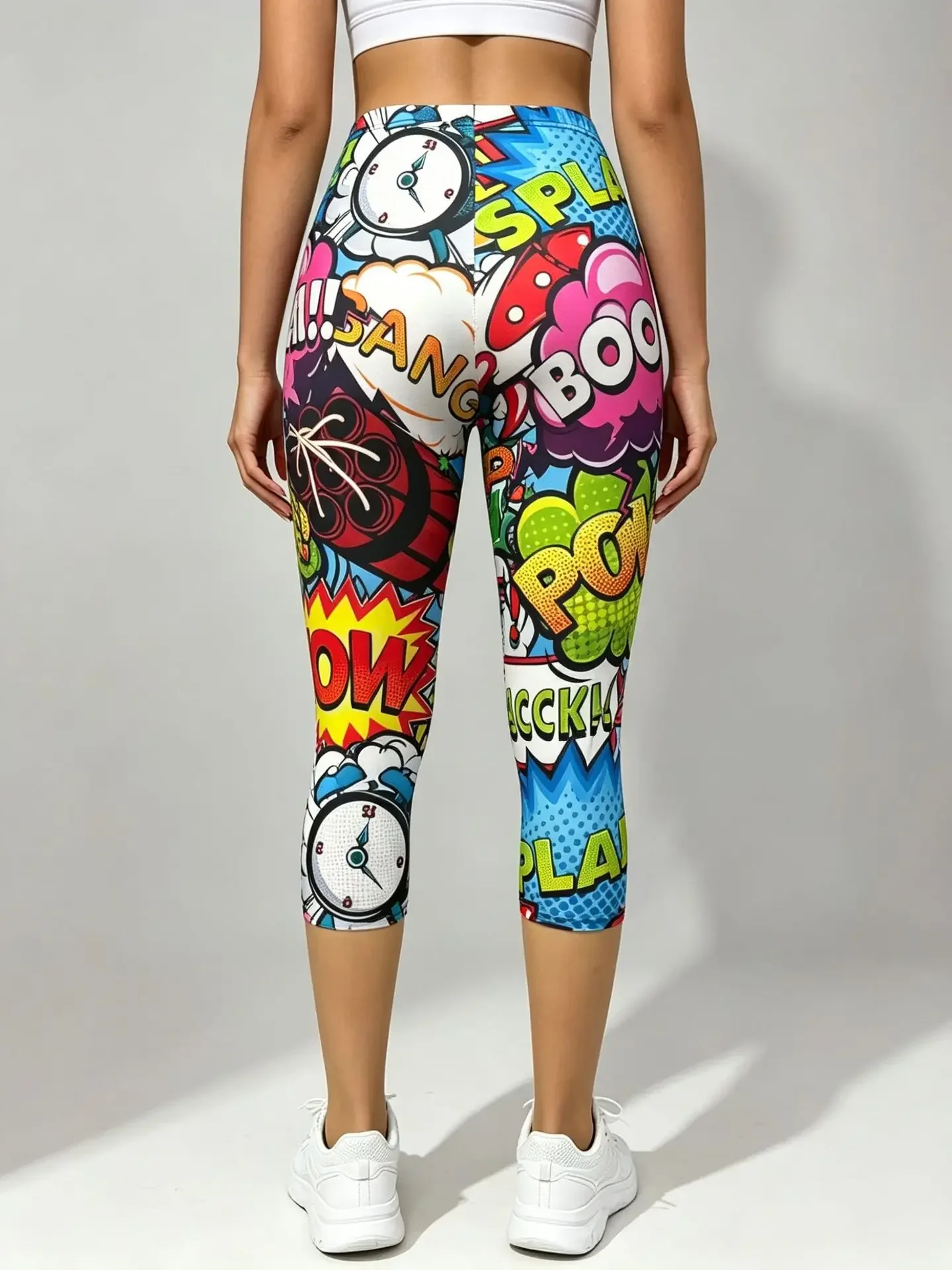 Women Retro Comic Graffiti Letter Print High Waisted Leggings Slimming Skin-Friendly Breathable Soft Flattering Gym Comfy