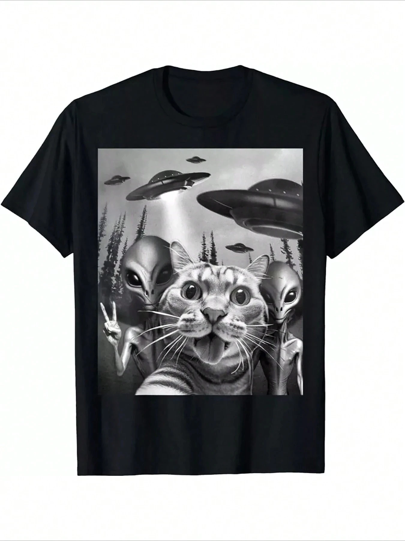 

Men's T-shirt Funny Style Alien And Cat Selfie Print Round Neck Short Sleeved Unisex Breathable harajuku COTTON streetwear