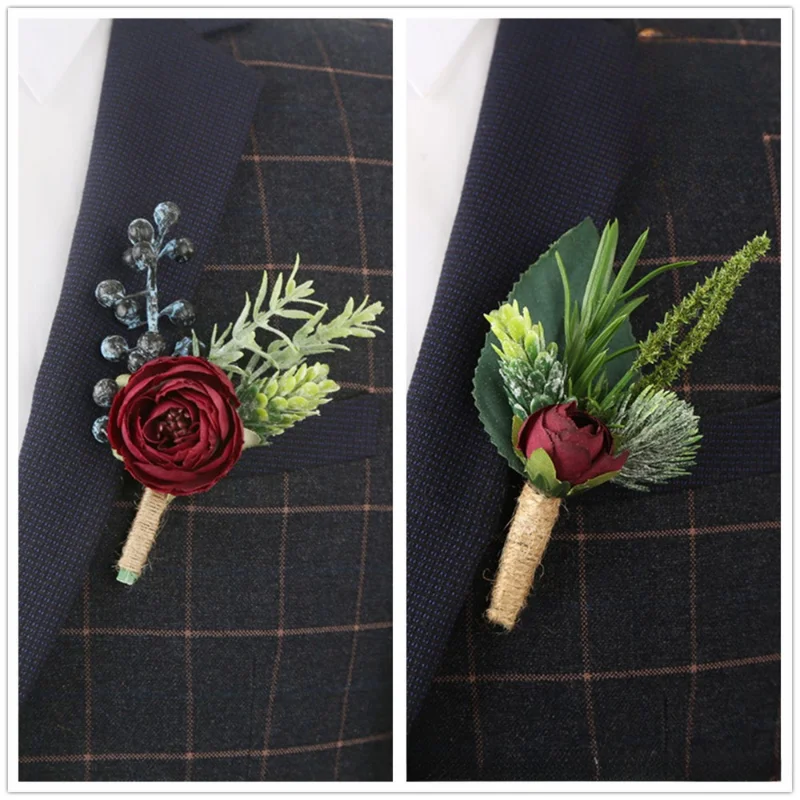 Bordeauxrode Bloemen Rose Kunstmatige Mensuit Boutonnieres Pols Corsage Huwelijk Bruidsmeisje Bruiloft Accessoires