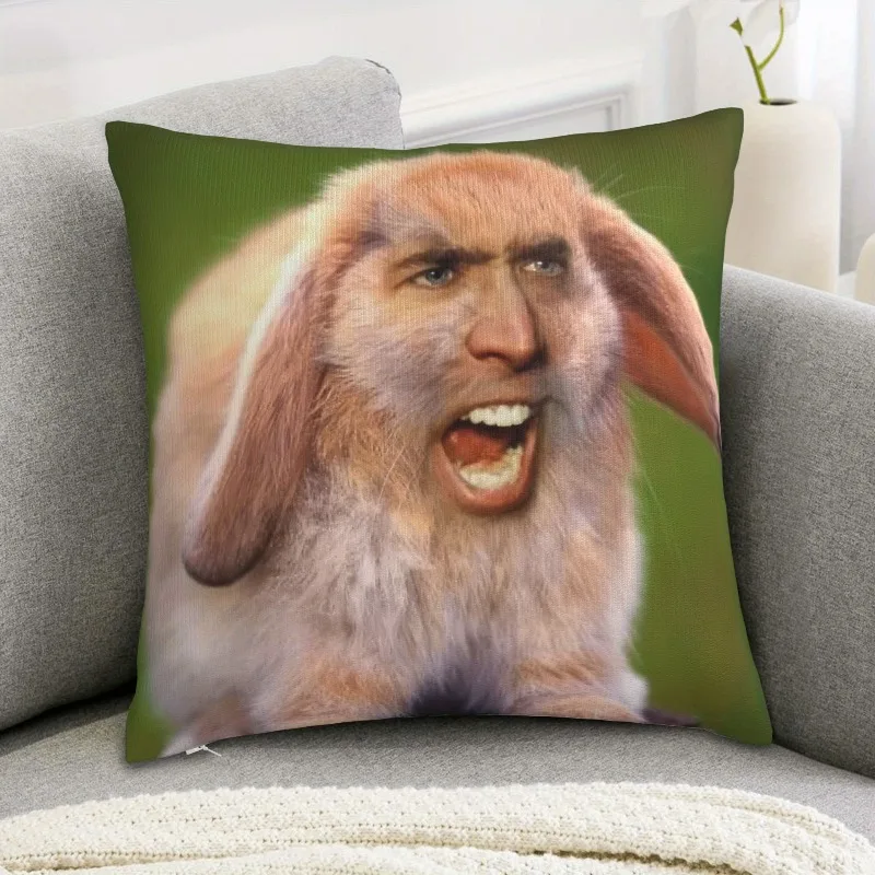 1pc Funny Nicolas Cage Rabbit Meme Pillow Cover, 2D Double-Sided Polyester Cushion Case, Humorous Meme Decor Pillowcase, Gift fo