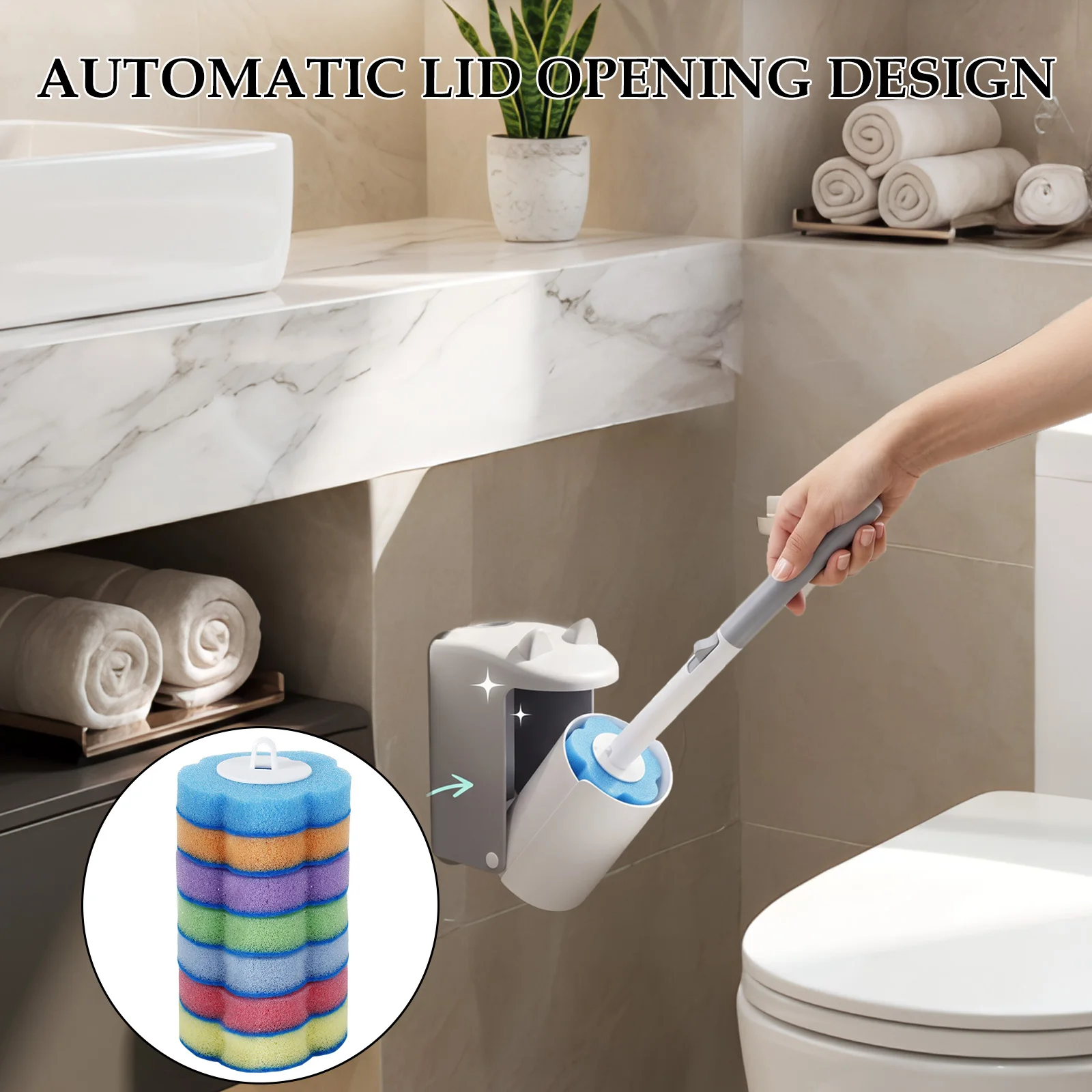 Disposable Toilet Brush Kit Automatic Opening Holder No Touch Toilet Cleaner Wand Set 360 Deep Cleaning Sponge Refill Pads WC