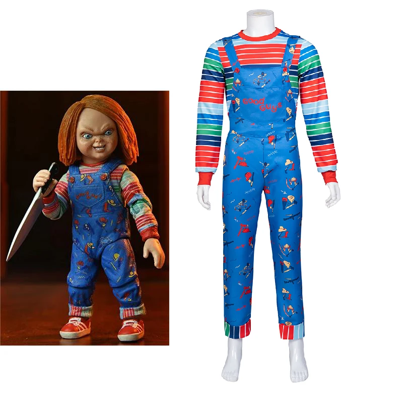 

Chucky Cosplay Movie Horror Doll Rompers Men Fantasia Stripe T-Shirt Overalls Halloween Carnival Party Ghost Disguise Suit