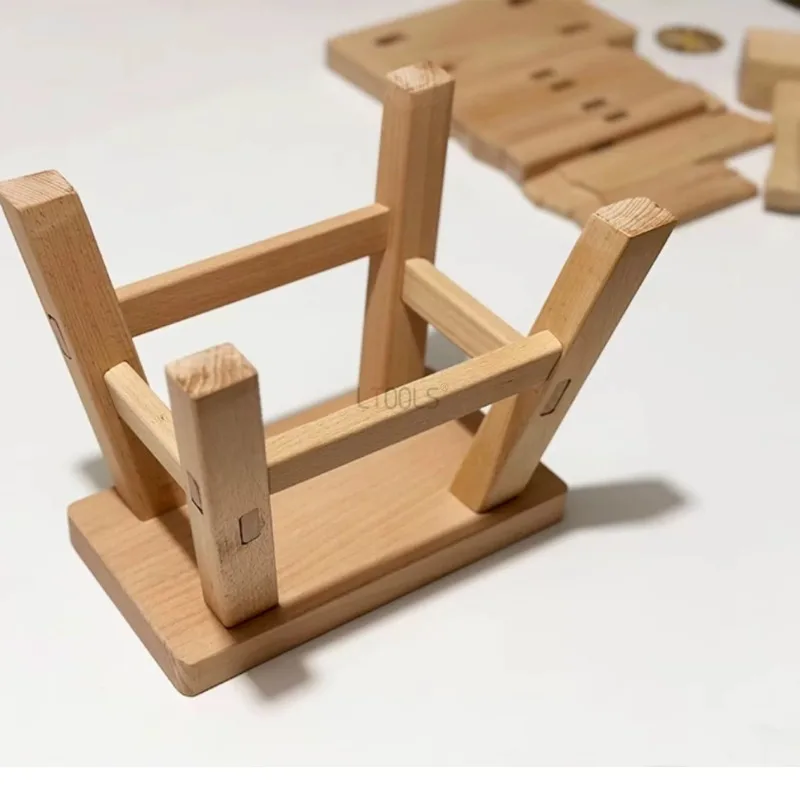 Mortise Tenon Wood Stool Kit Detachable Unassembled Interlocking Student DIY Handcraft Four-Leg Square Wooden Bench Tool Set