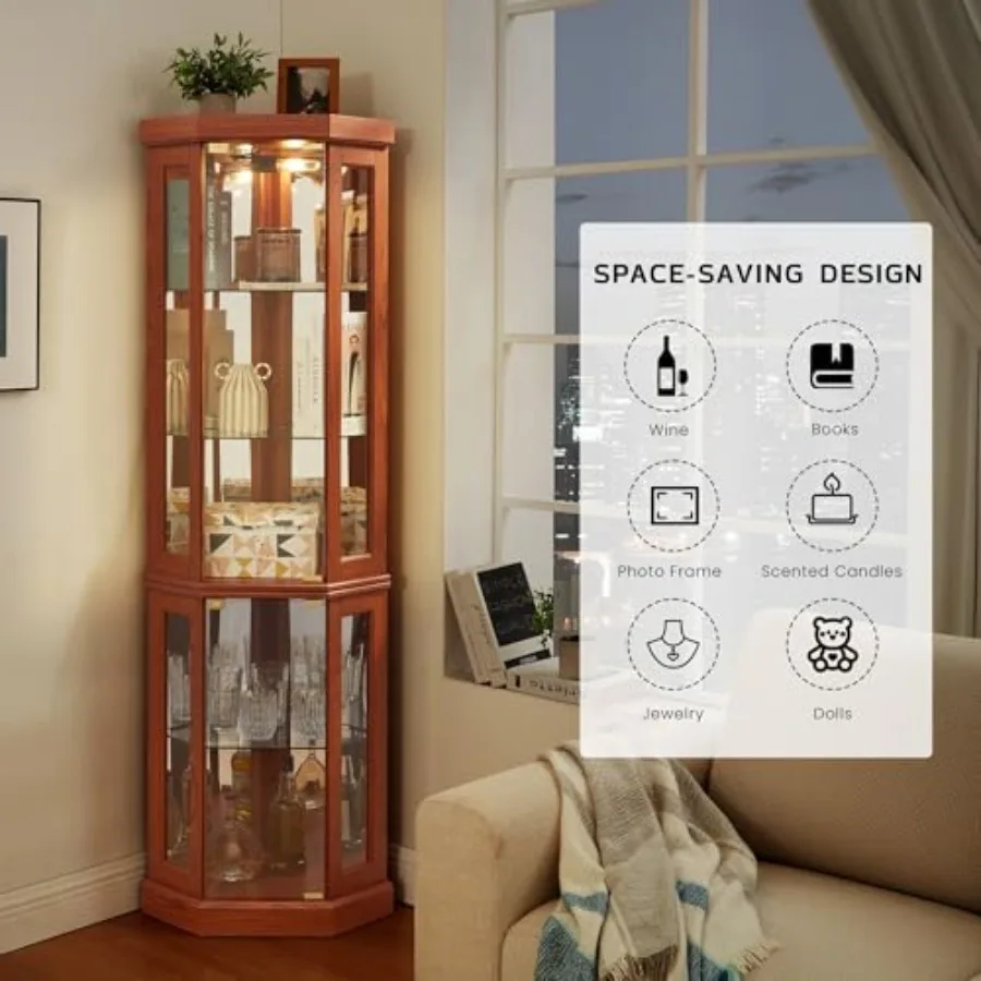 Corner curio cabinet for living room liquor storage: lighted glass display cage, 70 H, tempered glass doors, adjustable shelves view 3