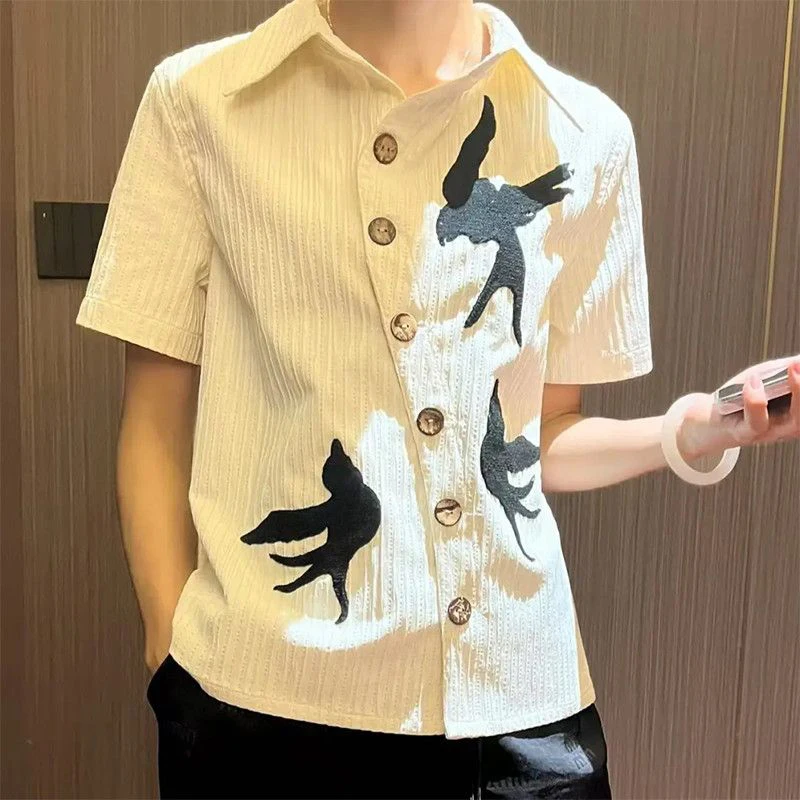 Summer Bird Print Irregular Button Men Short Sleeve Shirt Fashion Business Casual 2xl Oversized Blouse Tops Tee Interview Office