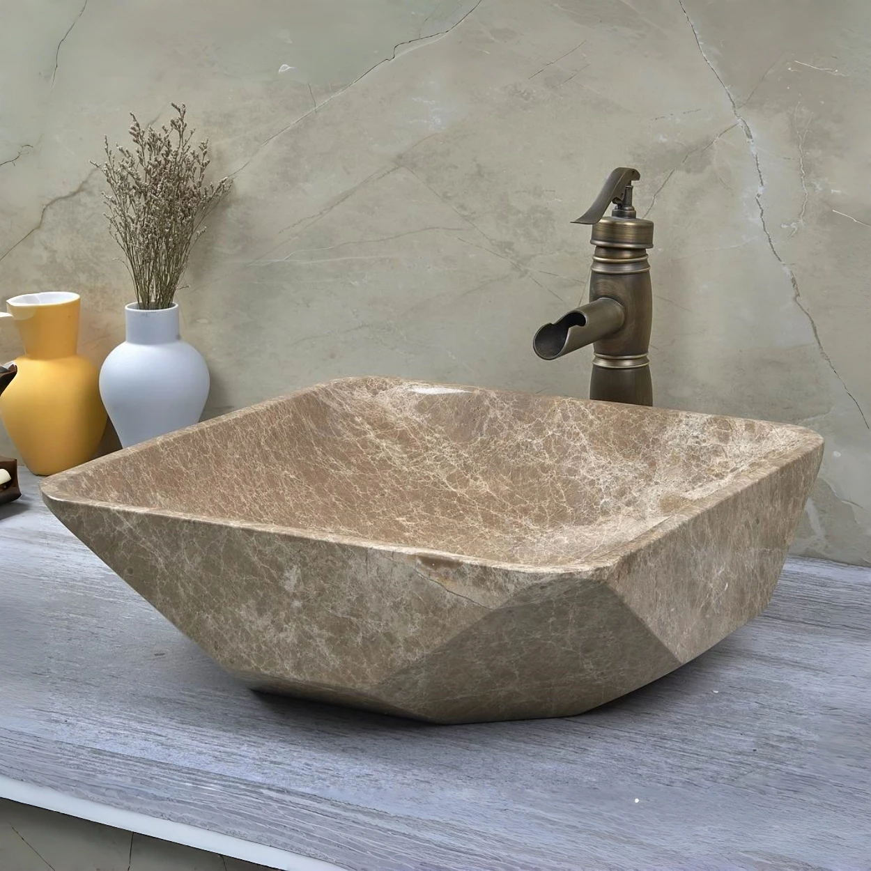 %r Emperador Light Unique Shape Sink Handmade Natural Stone Wash Basin Bathroom Vanity Diamond Facets Marble Stone Wash Basin