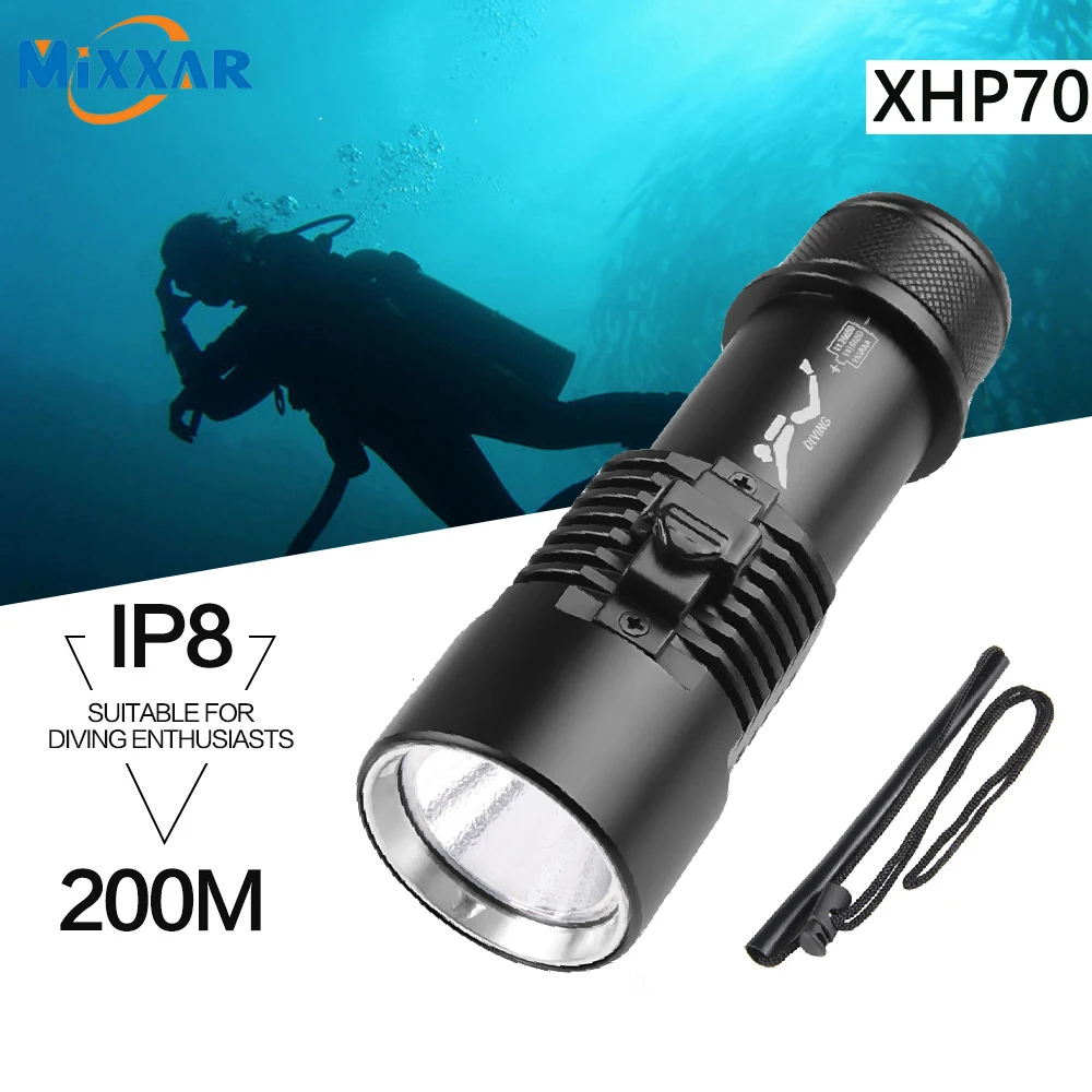 ZK40 IPX8 Waterproof Scuba Diving Light 200 Meter Underwater XHP70 LED Flashlight Diving Lanterna Torch Lamp by With Hand Rope