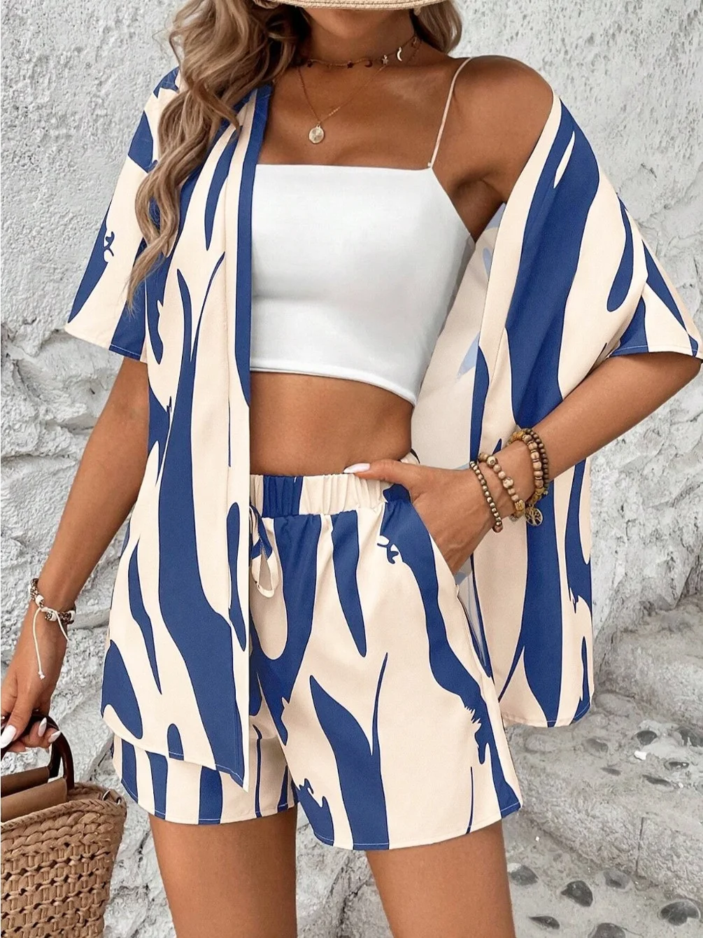 Zomer Willekeurige print ort Sve Open vest Elastische taille orts Tweedelige set Strand Dagelijks Dames Faion Polyester Materiaal