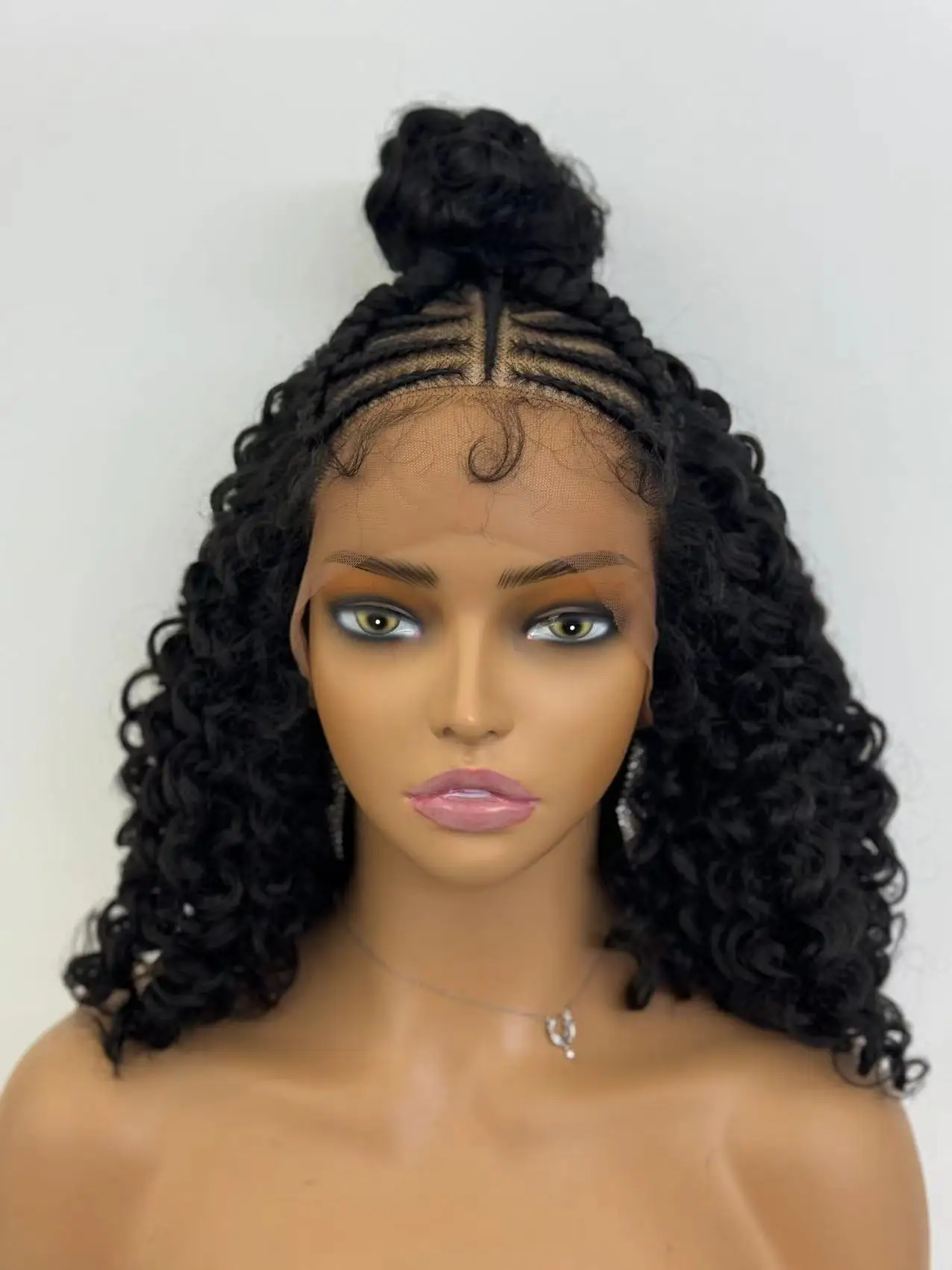 HZ Frontal Cornrow trenzado 16 pulgadas rizado Bob 13*4 peluca con malla Frontal sintética nudo superior cinta trenzada moño pelucas trenzadas