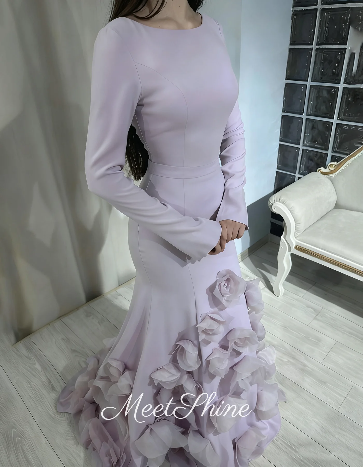 Vestidos de Noche románticos con flores en 3D, sirena morada, cuello redondo, elegantes, mangas largas, tren de barrido, vestido de fiesta, vestidos de graduación personalizados