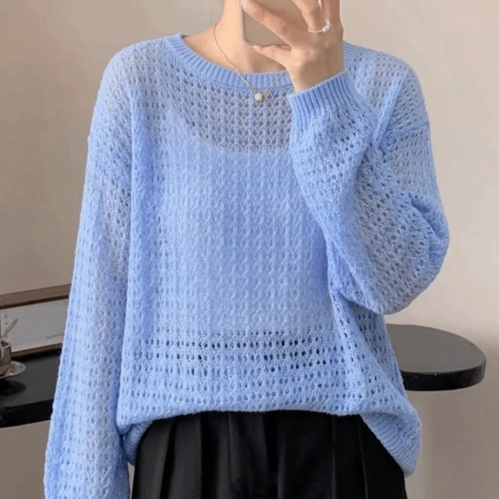 Thin Hollow Out Mesh Sweater Pullovers Long Sleeve Lightweight Crochet Knit Sweater Soft O Neck Knitwear Sweater Women Tops