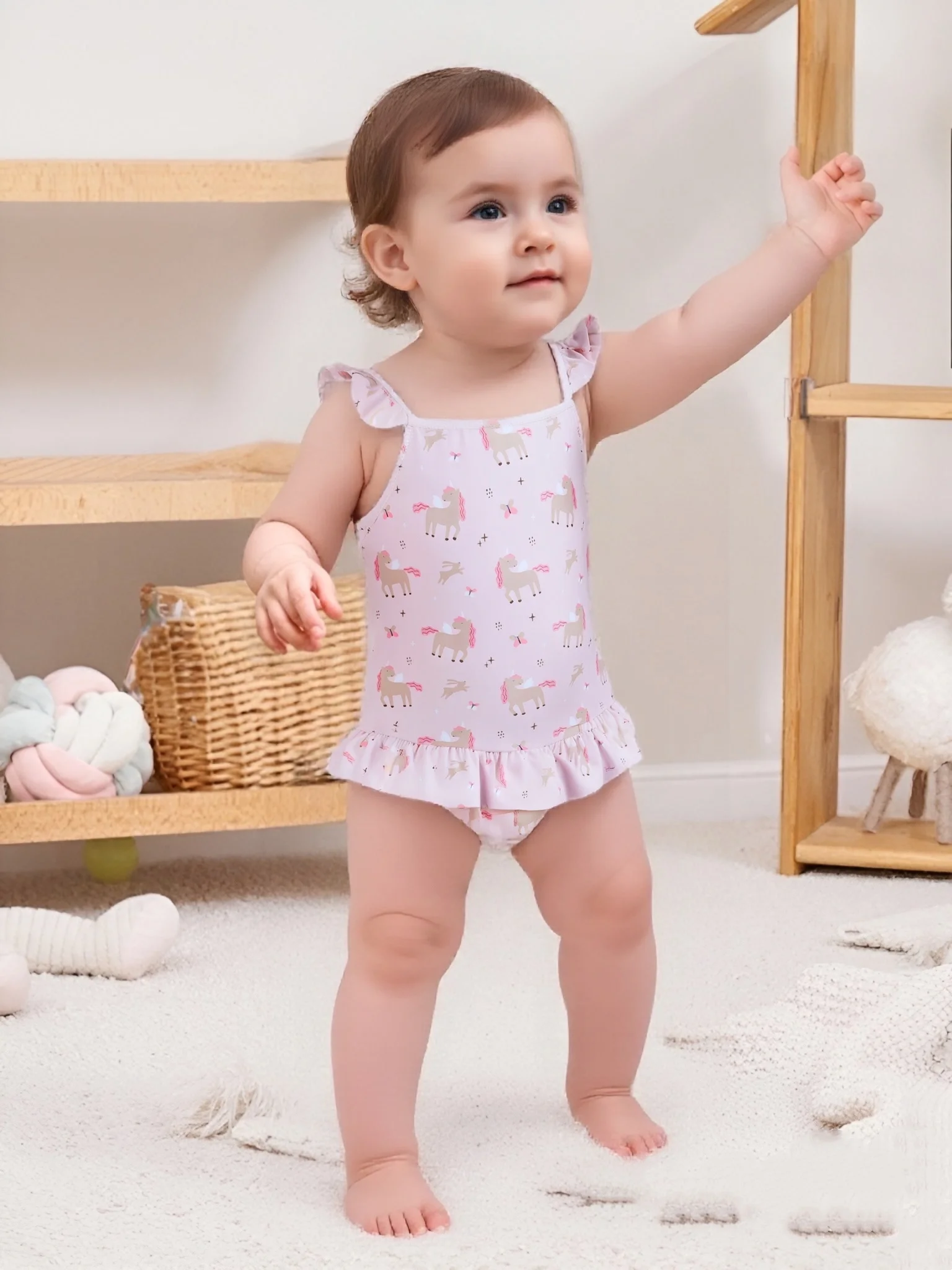 

Infant Ruffled One-Piece Cartoon Print High-Quality Outfit with Hat Two-Piece Set for Babies