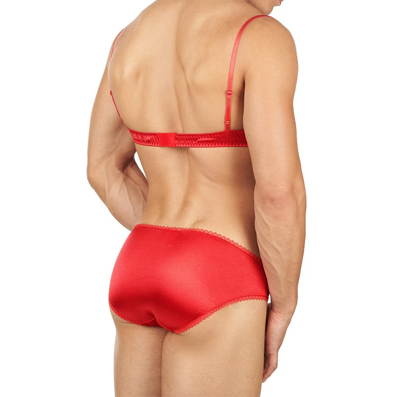 

Man Smooth Satin Lace Bra Underwear Sets Sissy Cross-dressing Lingerie Top Adjustable Bra for Male Sexy Tops+Men's Briefs