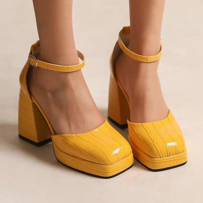 

Yellow White Square Closed Toe Platform Women Mary Janes Pumps Extra Big Size 48 49 50 Women Big Feet Shoes Chunky Heels Sandals