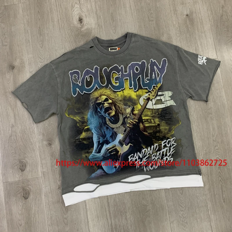 Real Photo Skull Guitarist ROUGH PLAY Tee Hot Diamond Logo Print Round Neck High Quality Rough Play T-shirts Short-sleeved