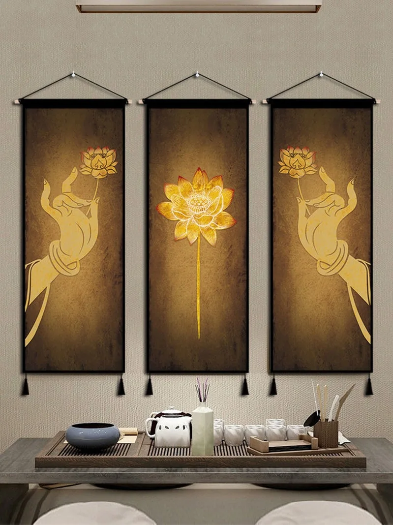 

Wholesale New Chinese Bergamot Lotus Fabric Tapestry Zen Bedroom Study Tapestry Homestay Living Room Decorative Painting