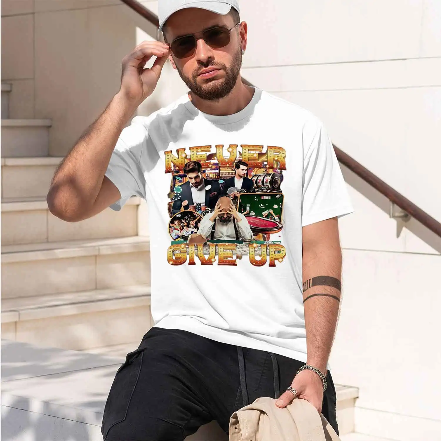 Never Give Up Casino Spirit Persists Keep Rolling the De nt Fold r Hand ase pot Still Womens clothing crew neck tee 2026 New Mod