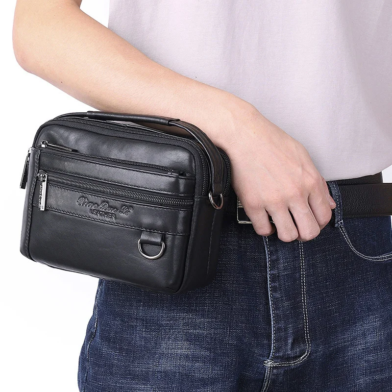 Men\'s waist bag multi functional Mini Crossbody one shoulder bag leather 7 inch mobile phone waist bag Korean fashion