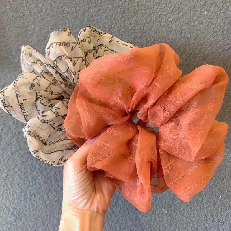 Fashion Oversized Organza Letter Scrunchies for Women Soild Color Ponytail Elastic Hair Ties Satin Scrunchie Headwear