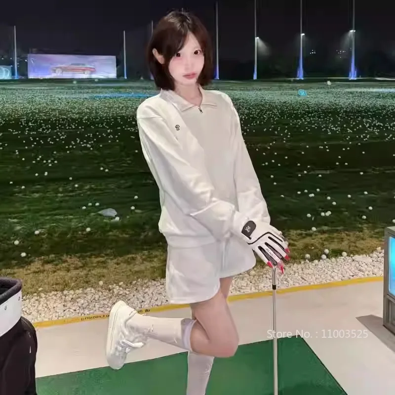 PL New Golf Women Zipper Collar Shirt Spring Autumn Long Sleeve Loose Top Ladies High Waist Golf Shorts Drawstring Tennis Wear