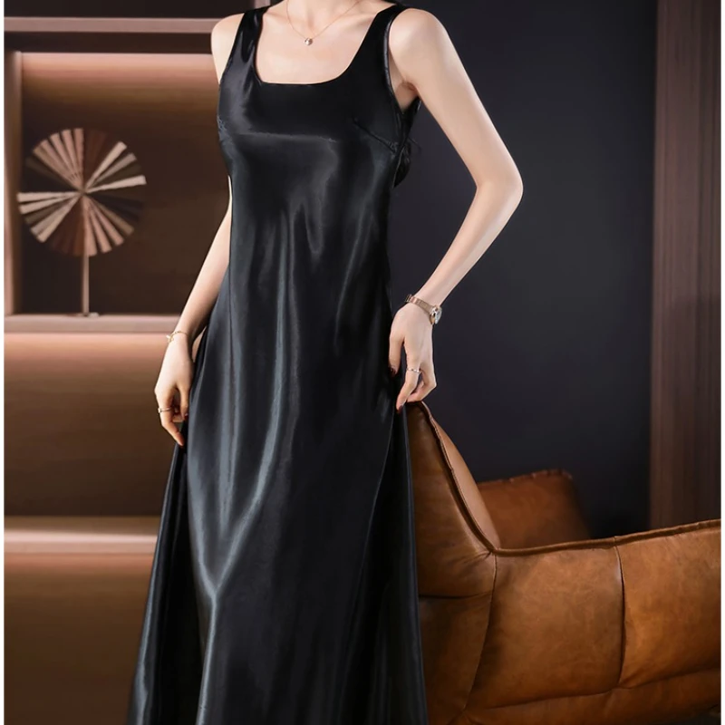 ซาตินElegant Dress 2025 ใหม่U-คอกว้างสายคล้องไหล่ชุดซาตินสําหรับผู้หญิงเกาหลีแฟชั่นผู้หญิงเสื้อผ้าS-3XLชุดยาว