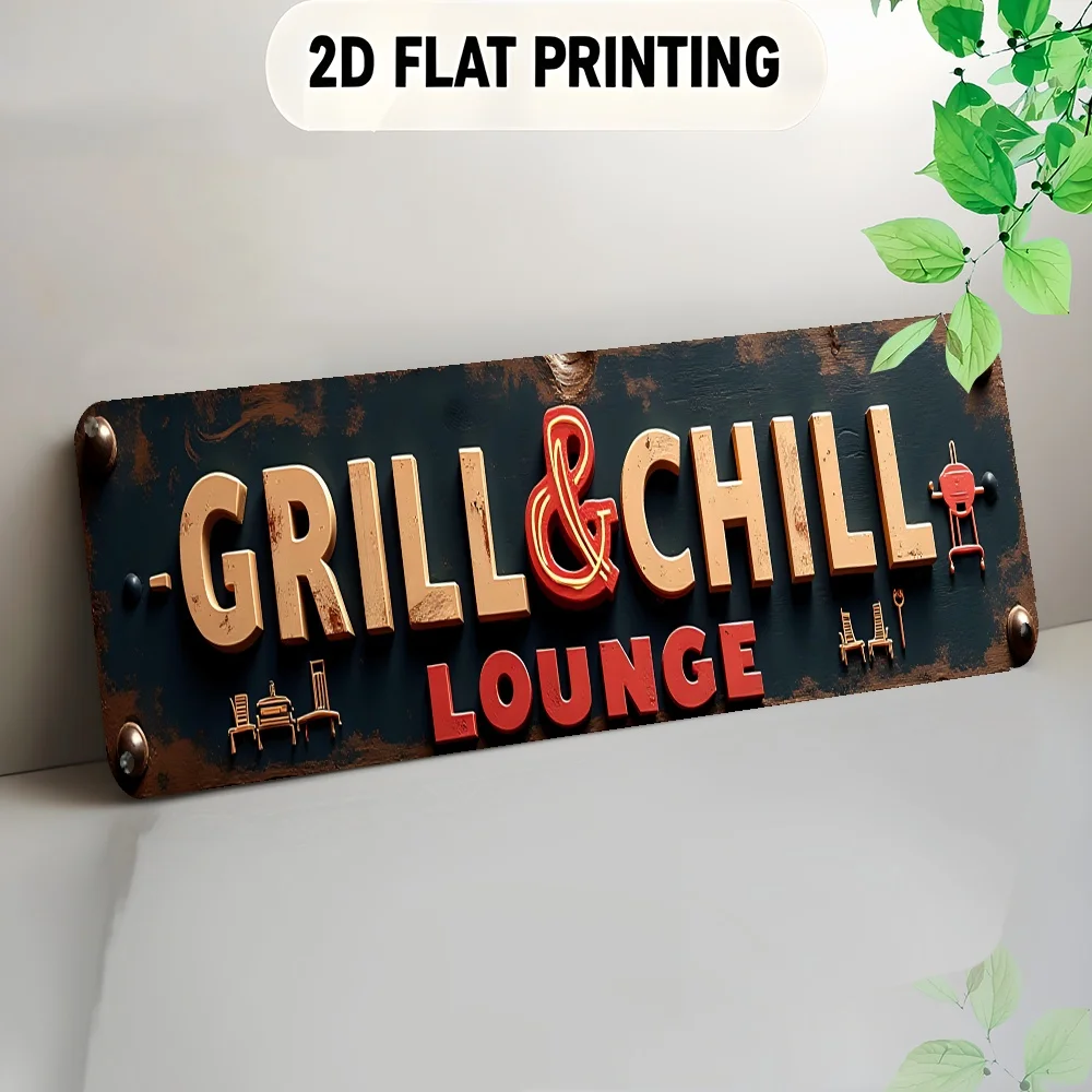 Vintage Aluminium Dark Rust Grill Chill Long Tin Sign, BBQ Lounge Letter Wall Decor for Patio Backyard & Home