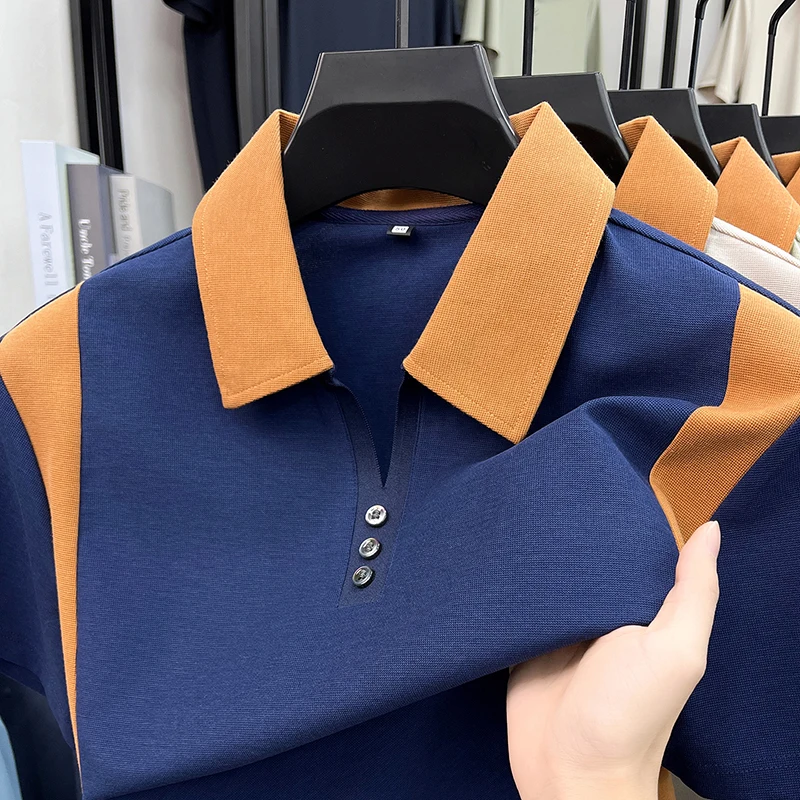 Hochwertiges Marken-Poloshirt aus Seide und Baumwolle mit kurzen Ärmeln bequemes atmungsaktives Herren-T-Shirt Sommer neue Mode Farbblockierung lässiges Oberteil – Detail 16