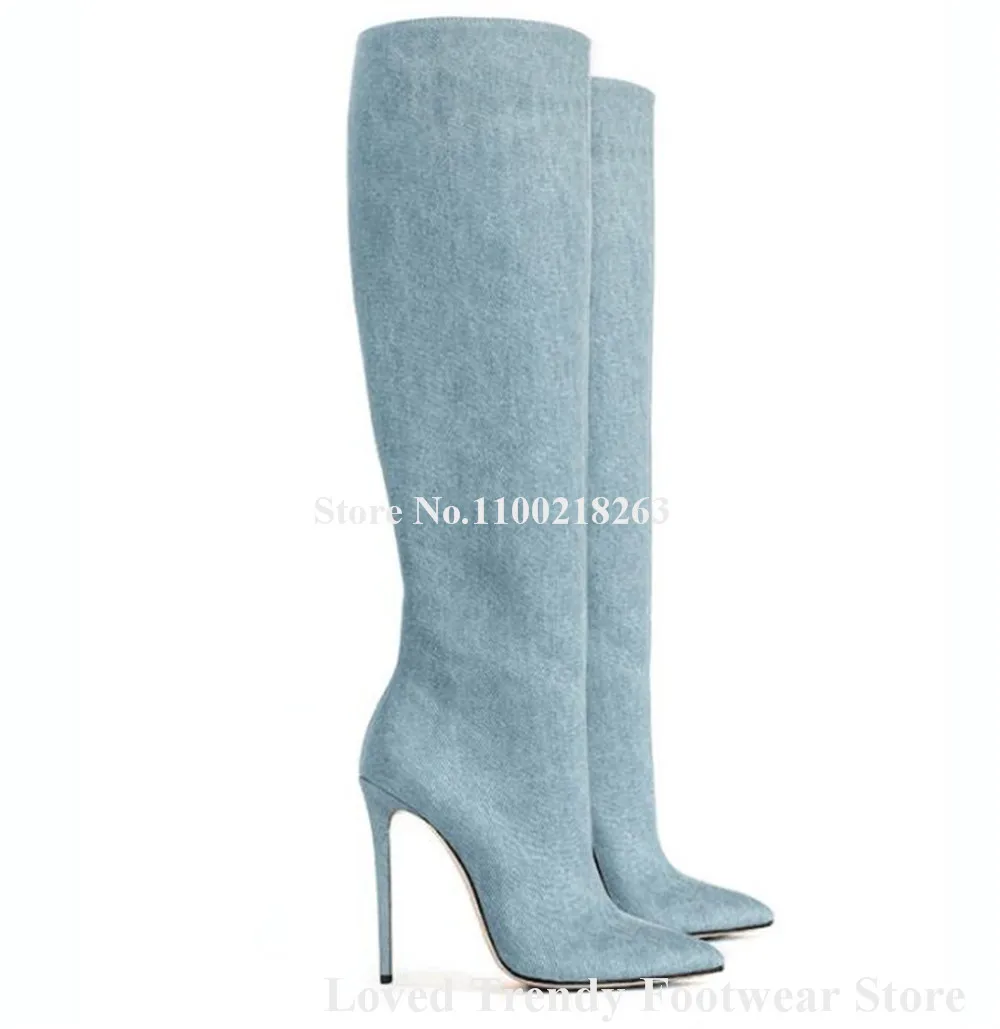 Elegant Style Denim Stiletto Heel Knee High Boots Slim Stlye Pointed Toe Dark Light Blue Thin Heel Long Boots Big Size Boots