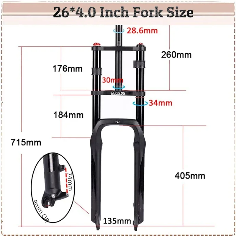 BUCKLOS 26*4.0 Bike Fork Air Suspension Bicycle Fat Fork Aluminum Alloy Snow Beach MTB Bicycle Fork for 4.0 Bike Tire Bike Part