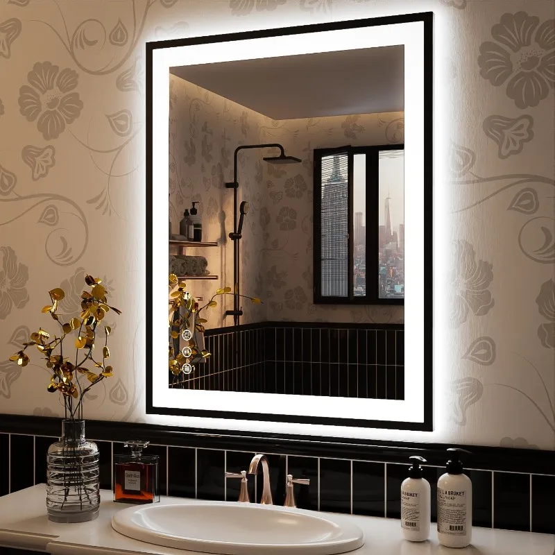 ISKM 32x24 Inch LED Bathroom Vanity Mirrors, Framed Double LED Dimmable Illuminated Anti-Fog Wall Mirror, Tempered Glass