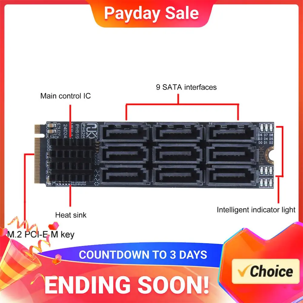 

M.2 M KEY Nvme To 9 Ports SATA 3.0 Adapter 6Gbps M.2 To SATA 3.0 Riser Card PCIE 3.0 X2 Hard Disk Capacity for Desktop