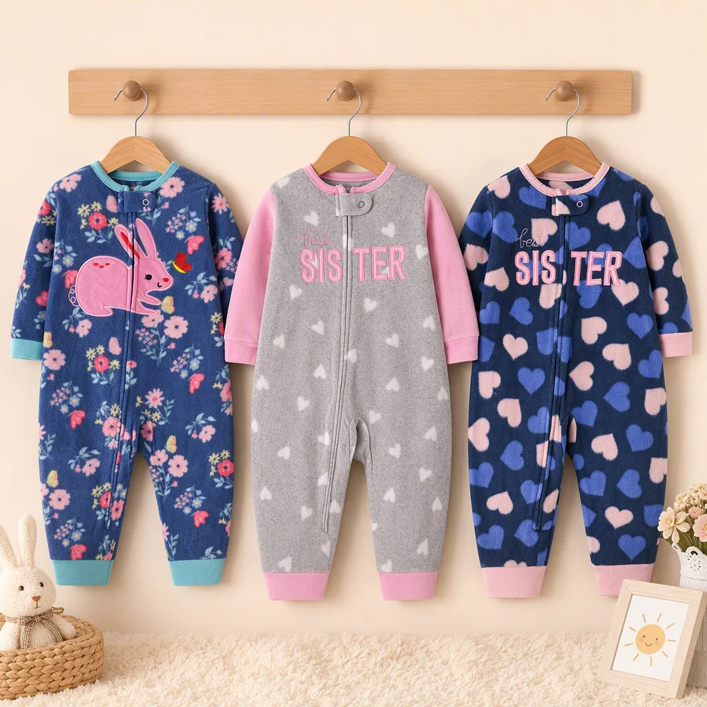 Infant Girls Polar Fleece Zip Romper Floral Rabbit & Letter Heart Embroidery Print Warm Autumn Winter Soft Fleece Baby Onesie