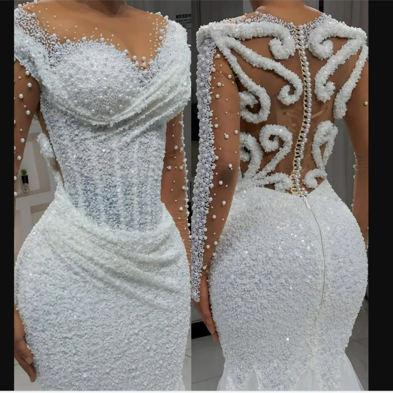 Customized Sparkly Heavy Beads Sequins Bridal Gowns Vestido De Noiva  Plus Size Long Sleeves Wedding Dress For Bride