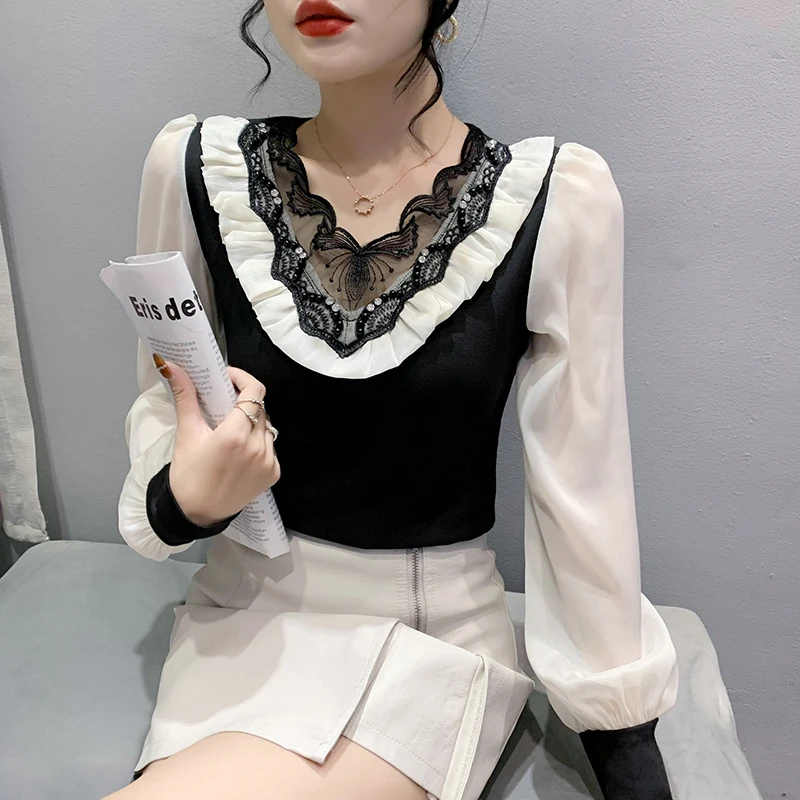 Fall Winter European Clothes T-Shirt Chic Sexy Patchwork Ruffles Shiny Beading Tops Chiffon Puff Sleeve 2025,New Hot Tees 0248